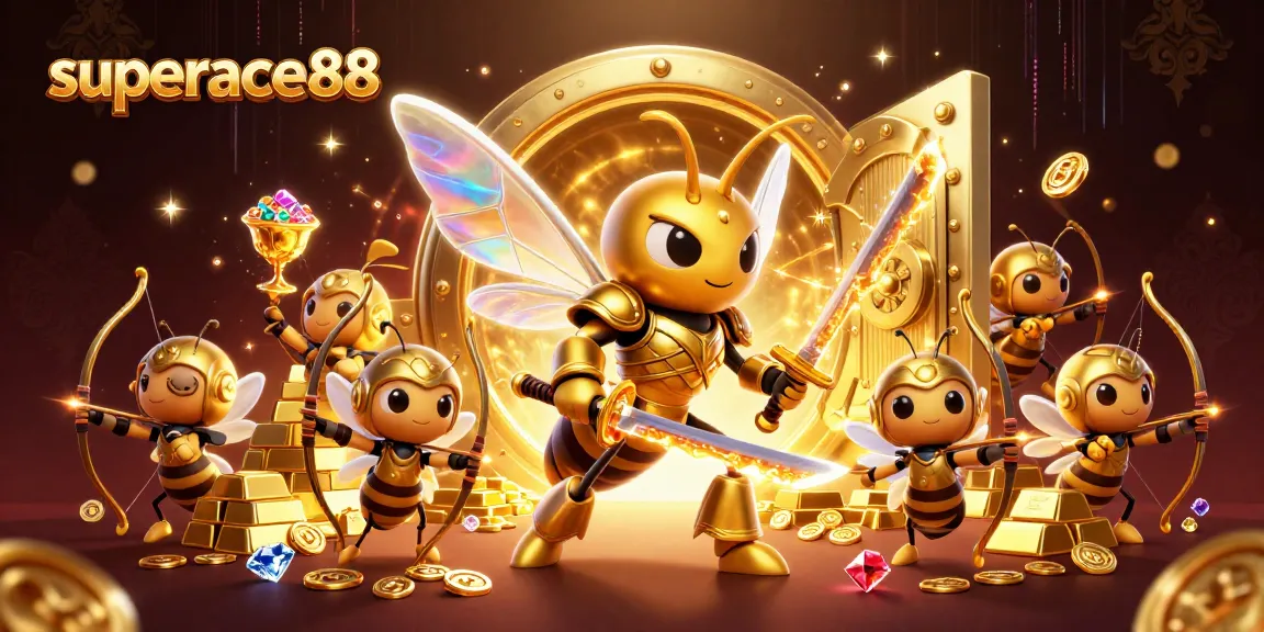 superace88 showcases a vibrant casino scene featuring a golden hornet and bee archers amidst treasure and jewels