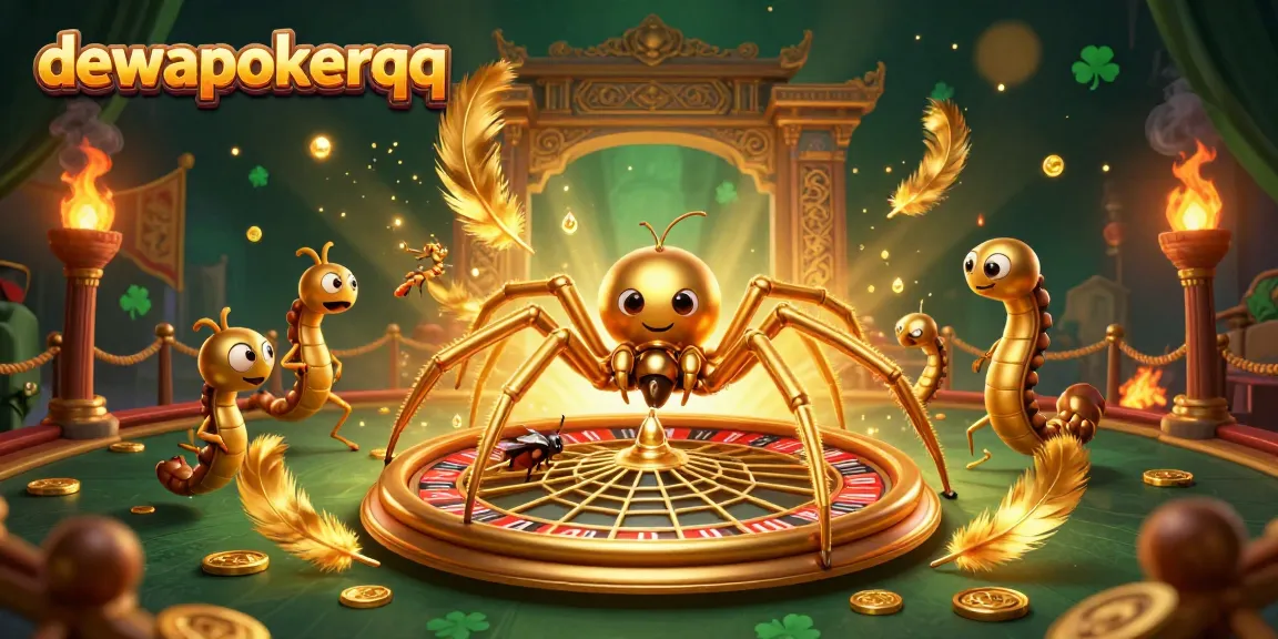 Engage in thrilling gameplay on dewapokerqq with a vibrant illustration of a spider spinning a roulette wheel web.