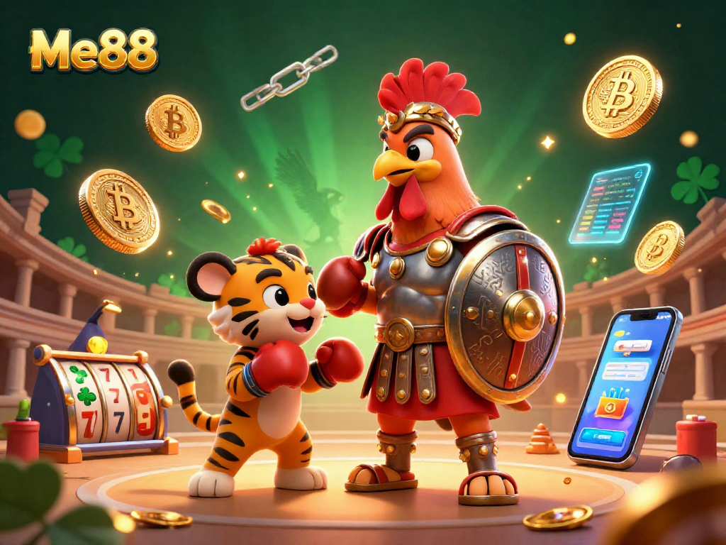 Engage with Me88's vibrant casino scene featuring a gladiator rooster and crypto elements.