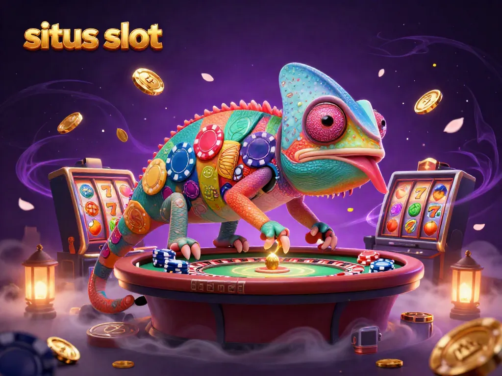 Ilustrasi situs slot menunjukkan chameleon pemilik kasino yang mencolok dengan elemen permainan slot yang dinamis.