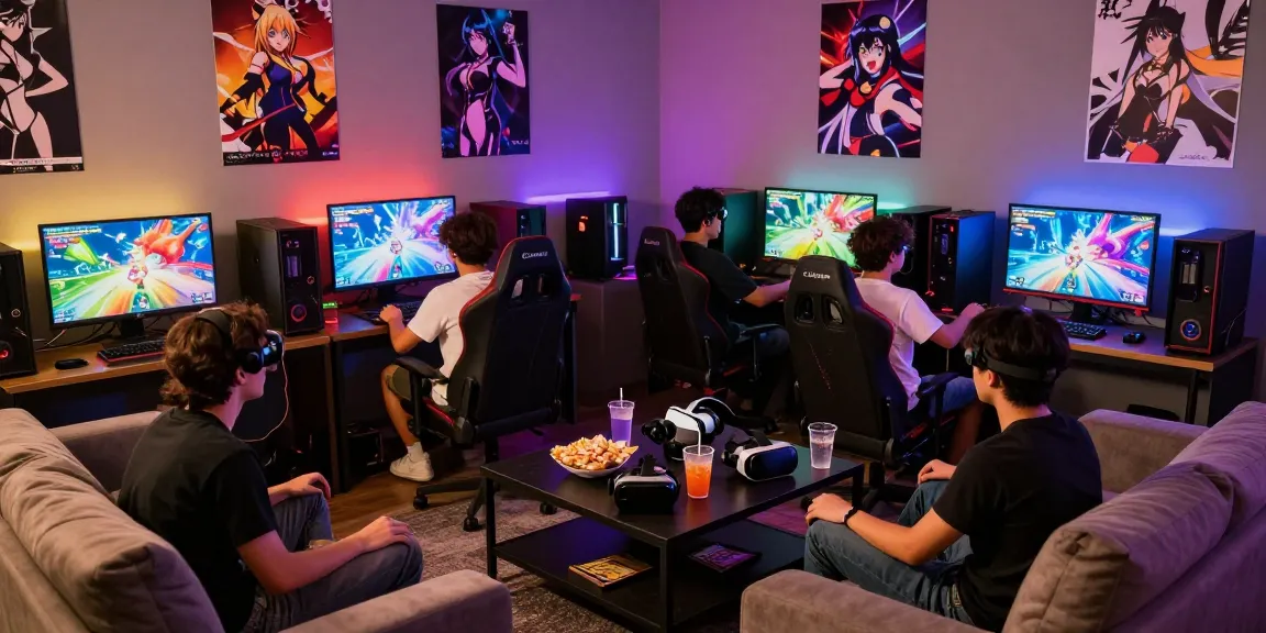 Group of friends playing a hentai game together in a vibrant gaming lounge.