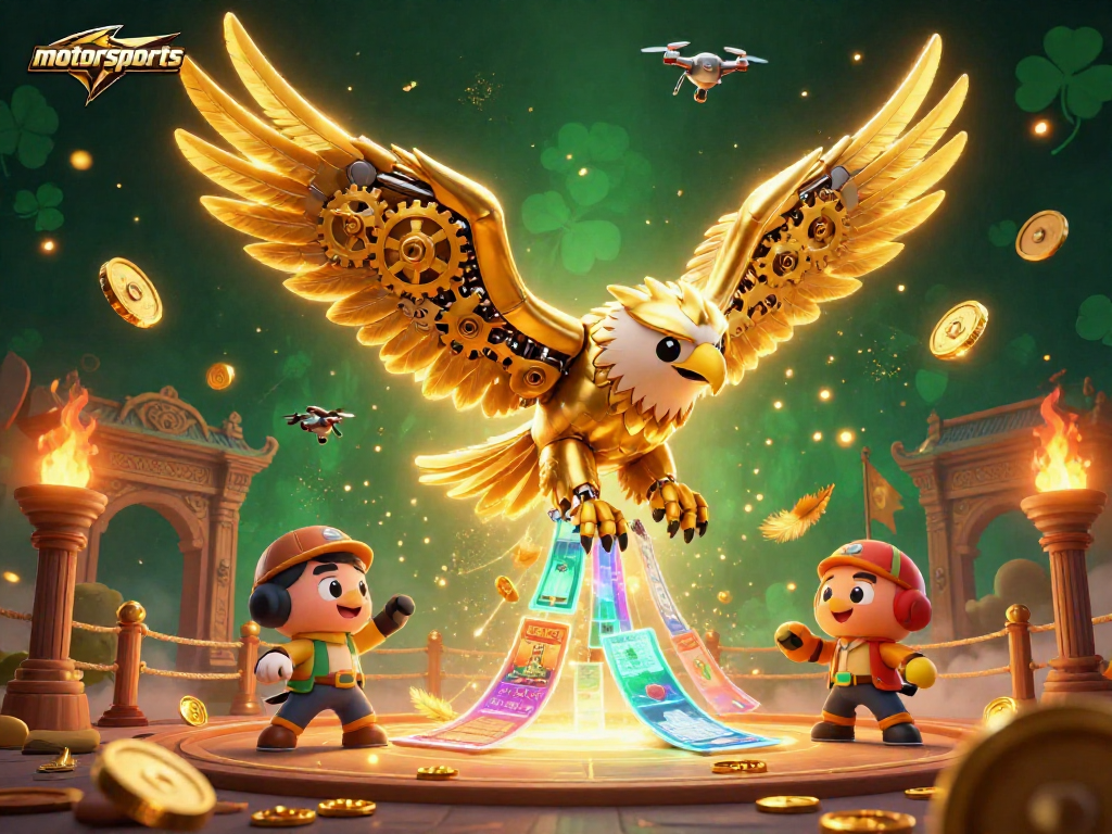 Experience thrilling motorsports betting with a dynamic 3D illustration of a cybernetic eagle amidst sports slips.