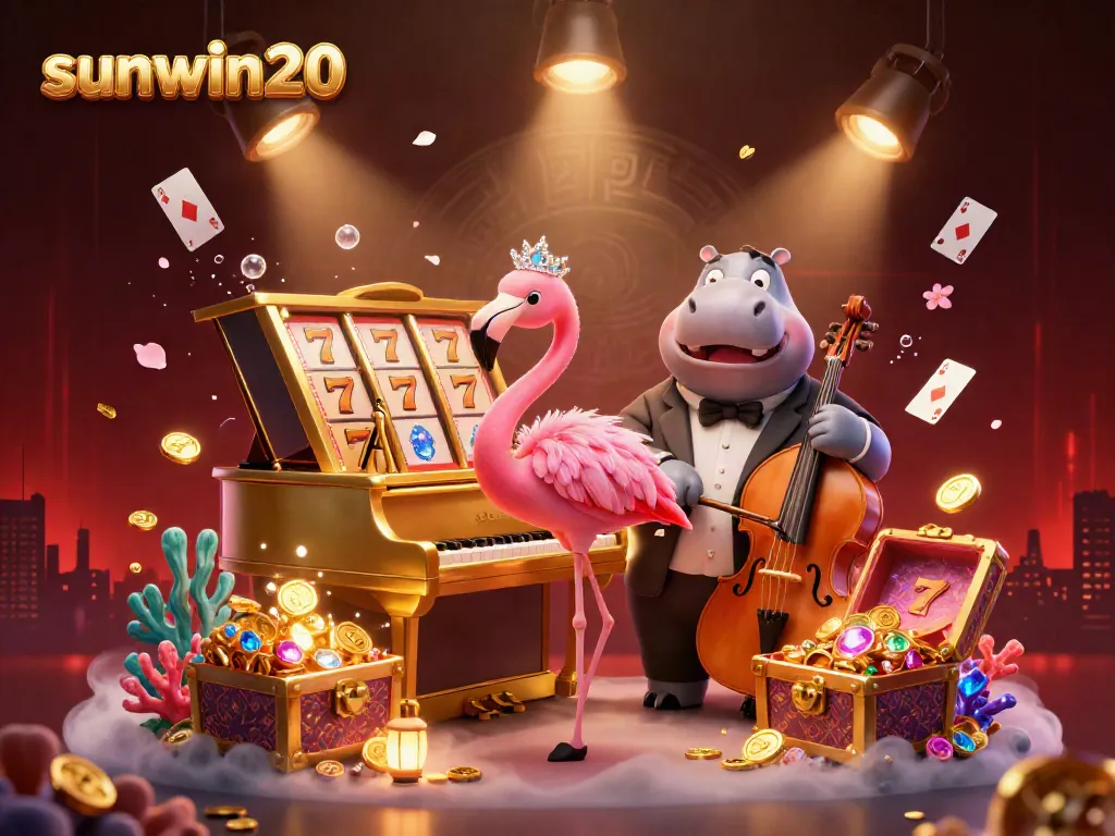 Engage with sunwin20's lively casino scene featuring a singing flamingo and hippo bassist with dynamic elements.