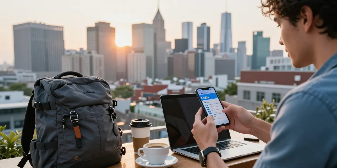 Using an esim voucher code at a café with a city skyline view.