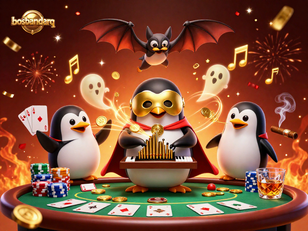 Experience the excitement at bosbandarq with a penguin playing an organ shooting coins amidst a lively casino scene.