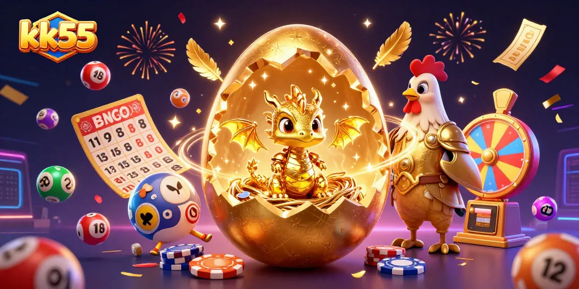 kk55 captures excitement with a golden dragon and poker chips amidst casino-themed elements.