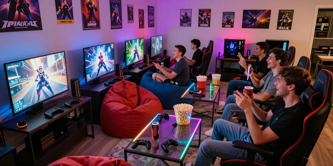 Friends enjoying a gaming night at a hit club with snacks and vibrant lights.