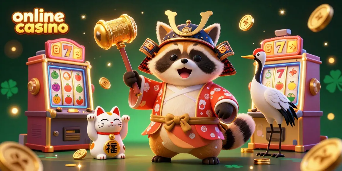 Experience exciting online casino action with cheerful tanuki, samurai crane, and waving fortune cats.
