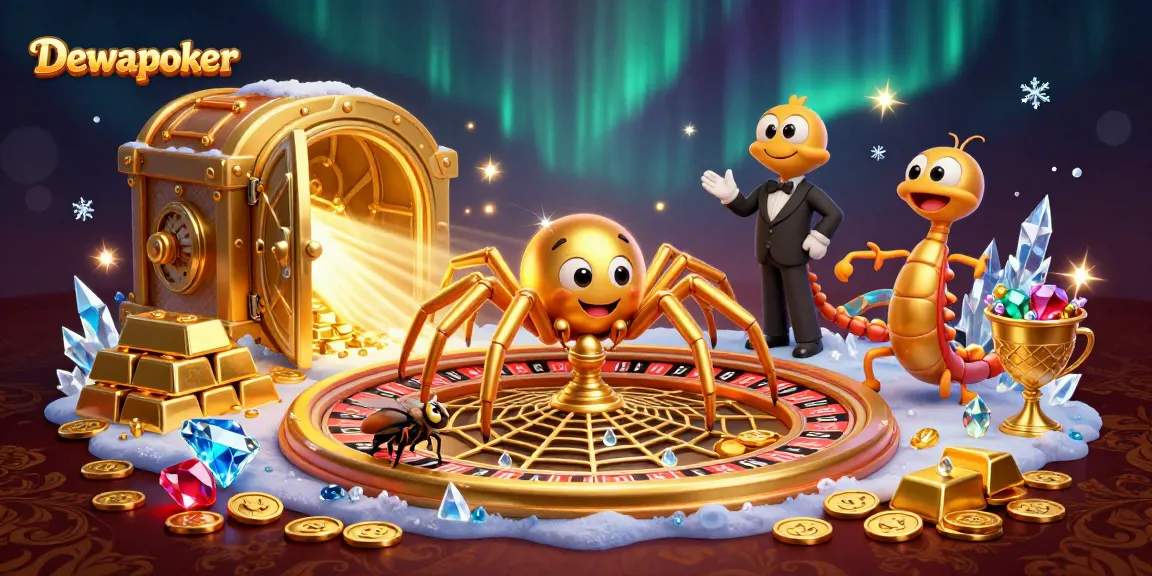 Dewapoker showcases an exciting poker scene with a colorful 3D spider, croupier and betting fly.