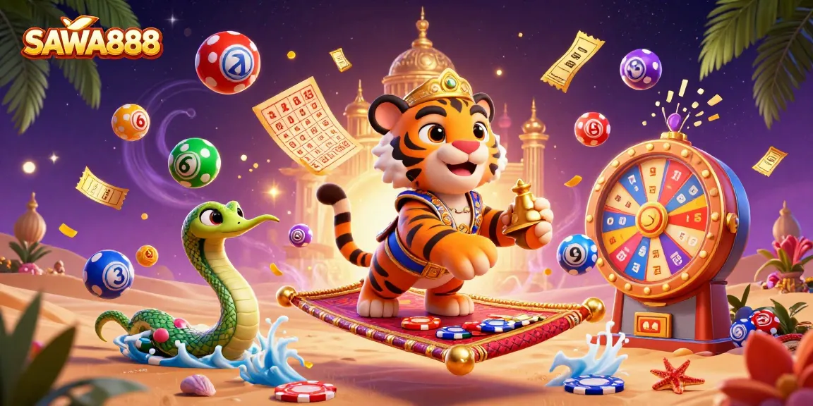 SAWA888 brings excitement to life in this vibrant casino-themed animated scene filled with colorful characters and elements.