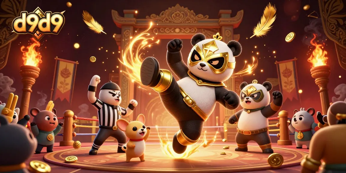 Ang d9d9 ay nagtatampok ng panda na nagliliparan at kakasangkapan ng golden foam fingers habang naglalaro ng slots.