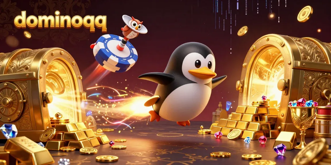 Experience thrilling dominoqq gameplay as a golden penguin blasts through space toward a vibrant casino.