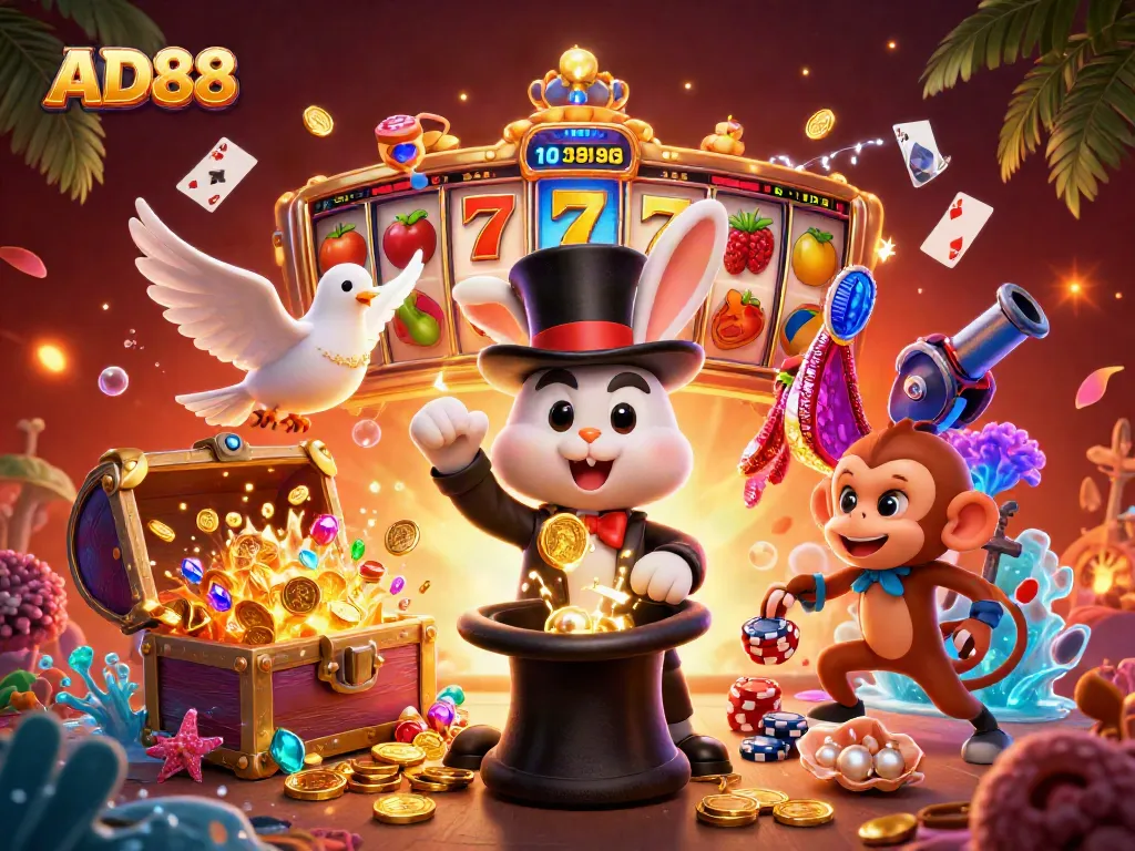 Experience thrilling gameplay at AD88 with a dynamic casino scene featuring a magician and casino icons.