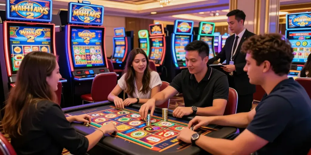 Pengunjung menikmati permainan mesin slot Mahjong Ways 2 di kasino modern, dengan suasana ceria dan nuansa mewah.
