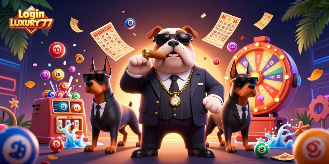 Login LUXURY777: Aksi seru dalam ilustrasi 3D karakter mafia dan elemen permainan lotere.
