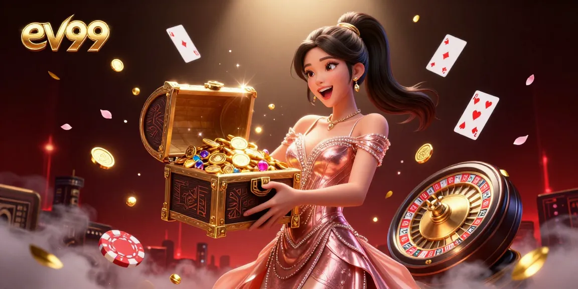 Try your luck with ev99 as a stunning Asian woman presents a treasure chest overflowing with riches.