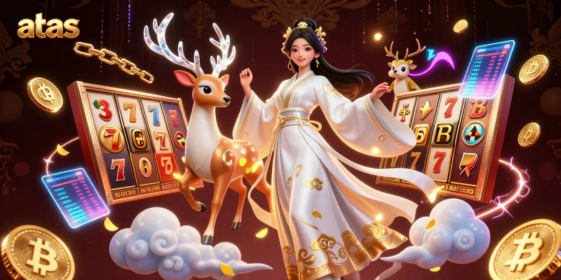 Atas casino scene featuring a beautiful woman, slot reels, and crypto coins in action.