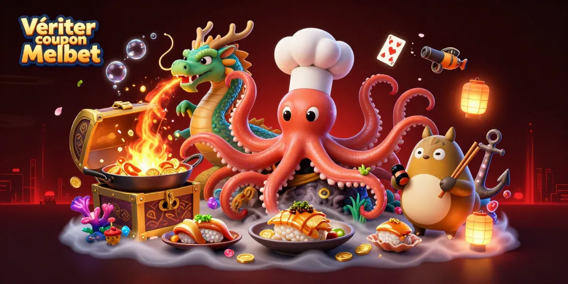 Vérifier coupon Melbet avec un chef sushi et un dragon dans un monde de jeux colorés