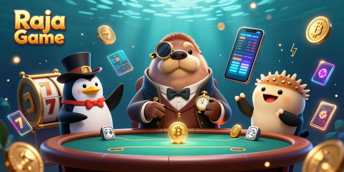 Experience thrilling slot gaming action with Raja Game at an underwater poker table surrounded by vibrant digital elements.