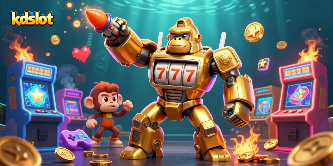 Experience the excitement of kdslot with a dynamic 3D illustration of a golden gorilla mech and game elements.