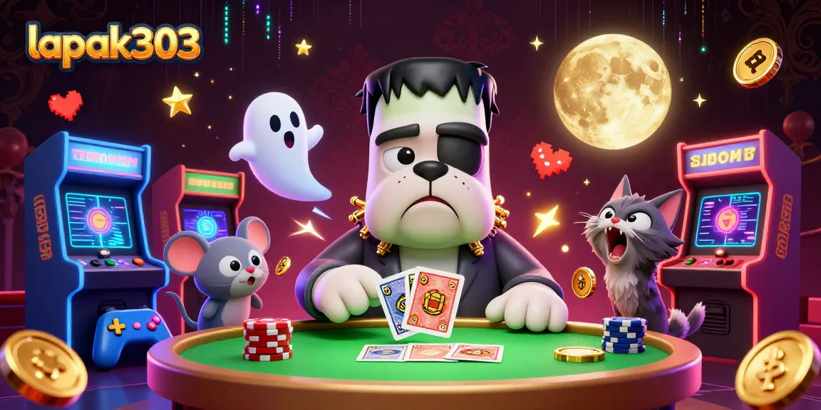 Experience thrilling gameplay at lapak303, featuring a cartoon bulldog dealer amidst a vibrant casino atmosphere.