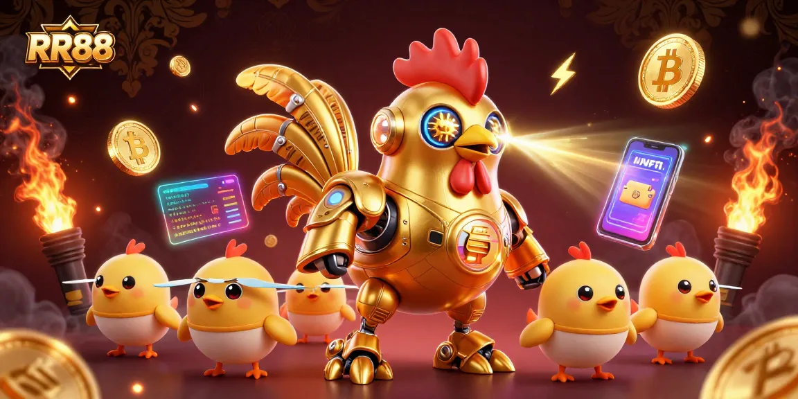 Bet on RR88 with an exciting scene of a golden rooster robot and crypto elements capturing the thrill of online gambling.