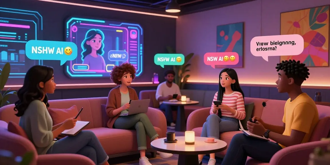 NSFW AI chat characters interacting in a vibrant digital lounge, showcasing engaging conversations.