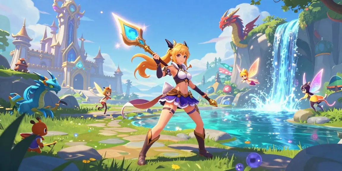 Female hentai game character in an enchanting RPG setting amid mystical creatures and vibrant graphics.