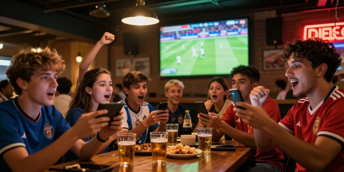Live soccer fans cheering and engaging with مصدر while watching a match on mobile devices.
